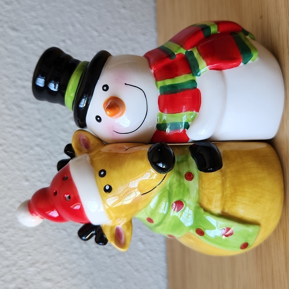 Holiday Ceramic Reindeer & Snowman Salt And Pepper Shakers